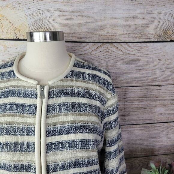 H&M Women's Stripe Polyester Full Zip Jacket Blue & Cream Size 8 - Picture 2 of 7